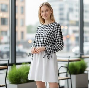 Zara Gingham Poplin Checkered Black & White Tunic‎ Short Dress Top, Size XS